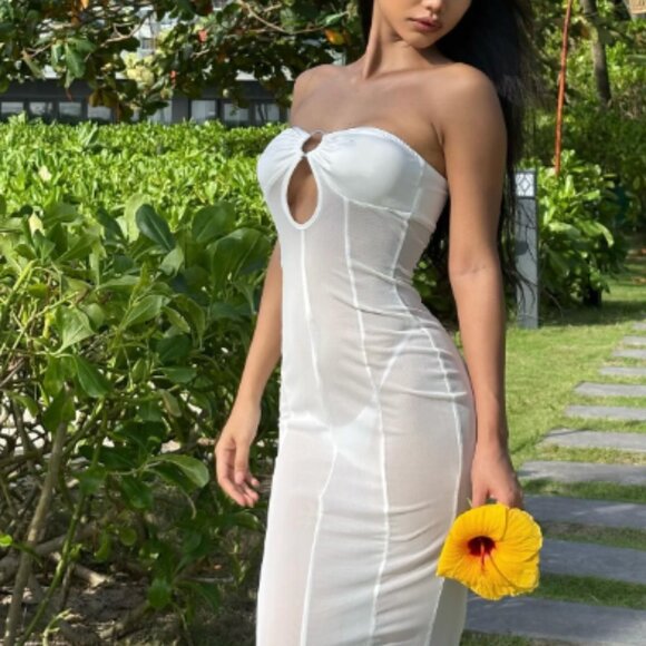 Mermaid Tales White Mesh O Ring Bandeau Strapless Sheer Cover Up Maxi Dress - Picture 3 of 4